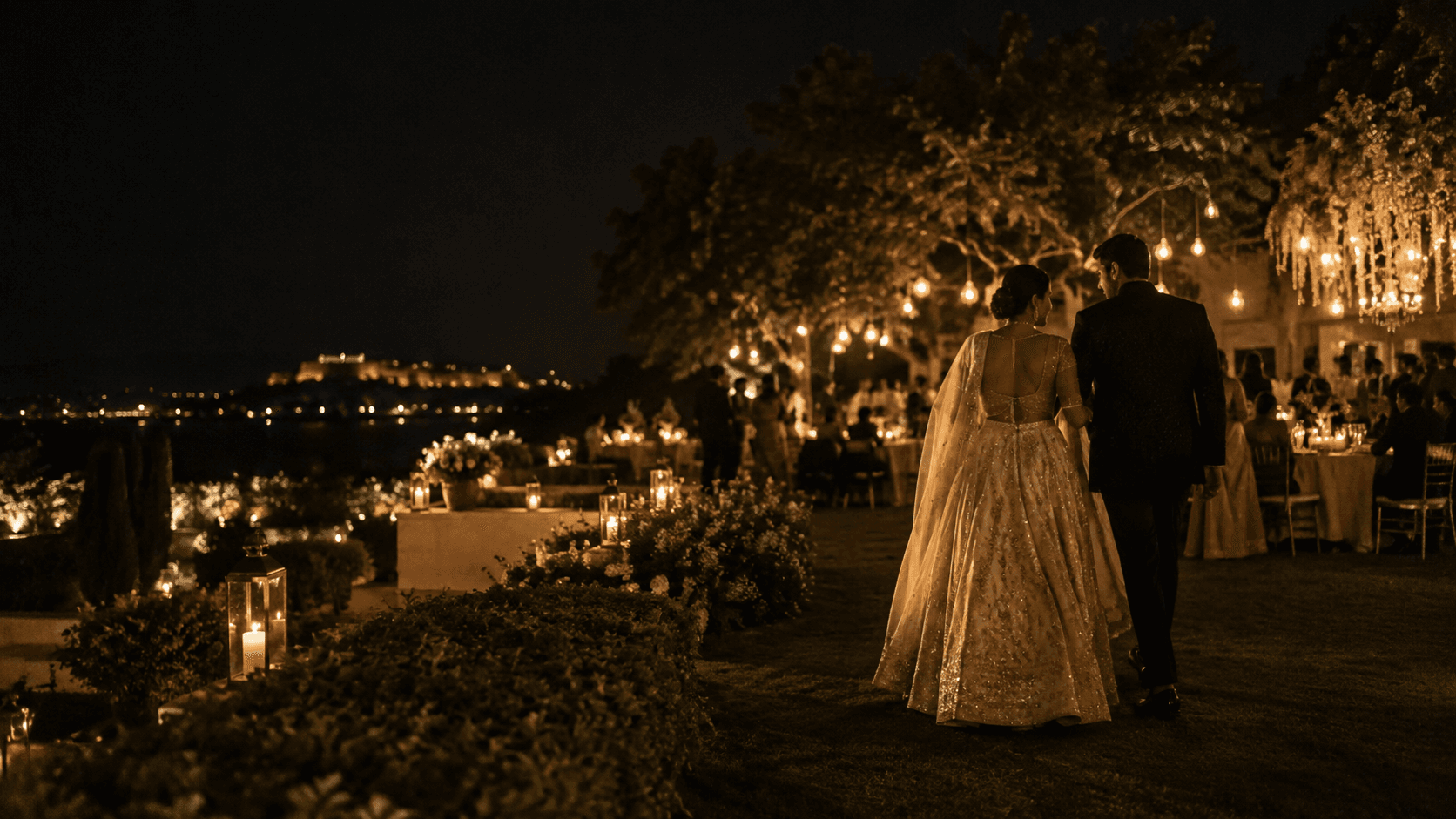 Evening celebration under decorative lights